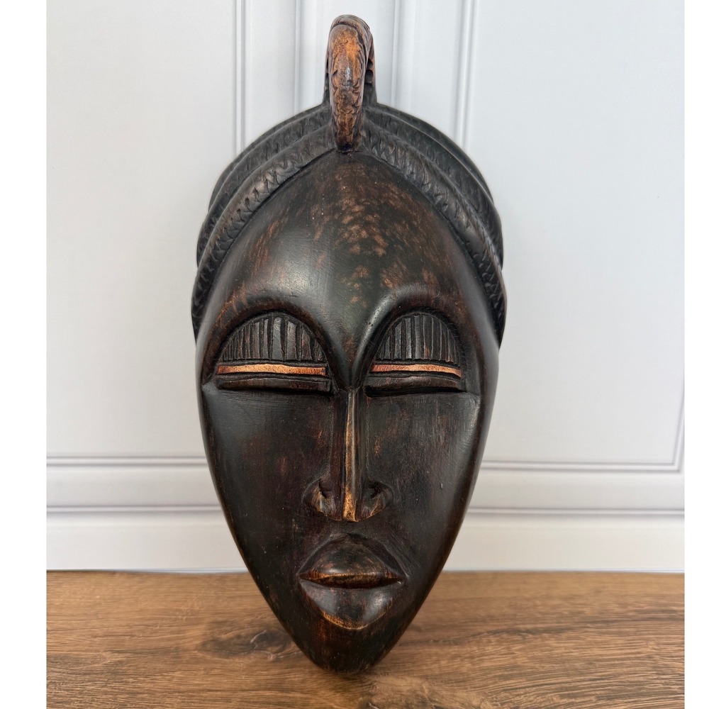 Hand Carved Baoulé Wooden Mask African Wall Art from Ivory Coast
